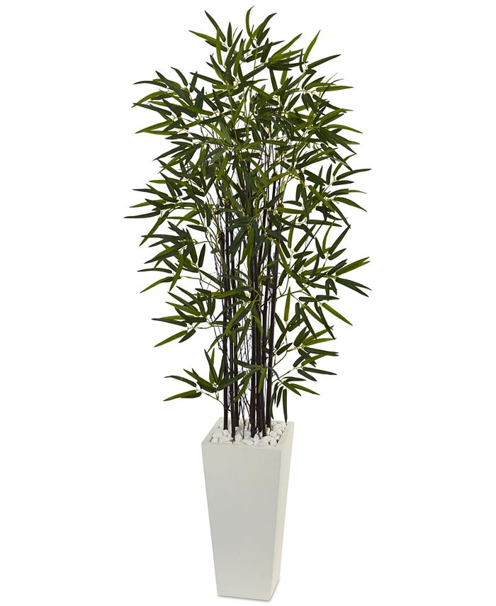 Nearly Natural - 5.5' Black Bamboo Artificial Tree in White Tower Planter