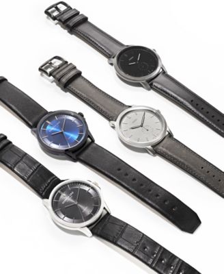 Men's Minimalist Black Leather Strap Watch 44mm