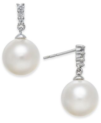 Cultured Freshwater Pearl (8mm) & Diamond Accent Drop Earrings in 14k White Gold