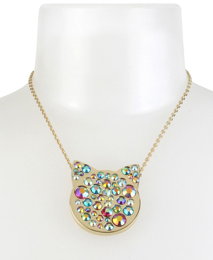 Betsey Johnson GoldTone Crystal Cat Head Pendant Necklace 151/2" + 3