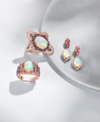 Opal (1-5/8 ct. t.w.), Multi-Sapphire (1/2 ct. t.w.) and Diamond (1/4 ct. t.w.) Drop Earrings in 14k Rose Gold