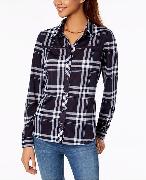 Polly Esther Juniors Lattice Trim Plaid Button Up Shirt