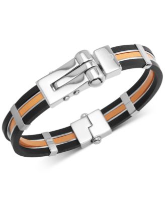 Macy's - Men's Orange & Black Vulcanized Rubber Bracelet in Stainless Steel