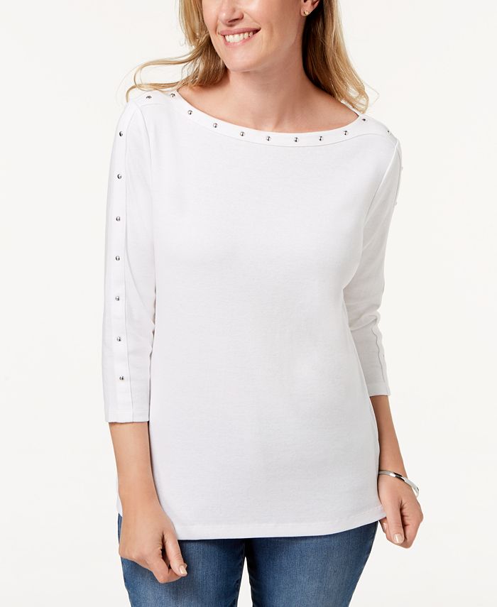 Karen Scott Petite Cotton Stud-Trim Boat-Neck Top - Macy's