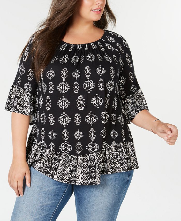 Style & Co Plus Size Mixed-Print Off-The-Shoulder Top, Created for Macy ...