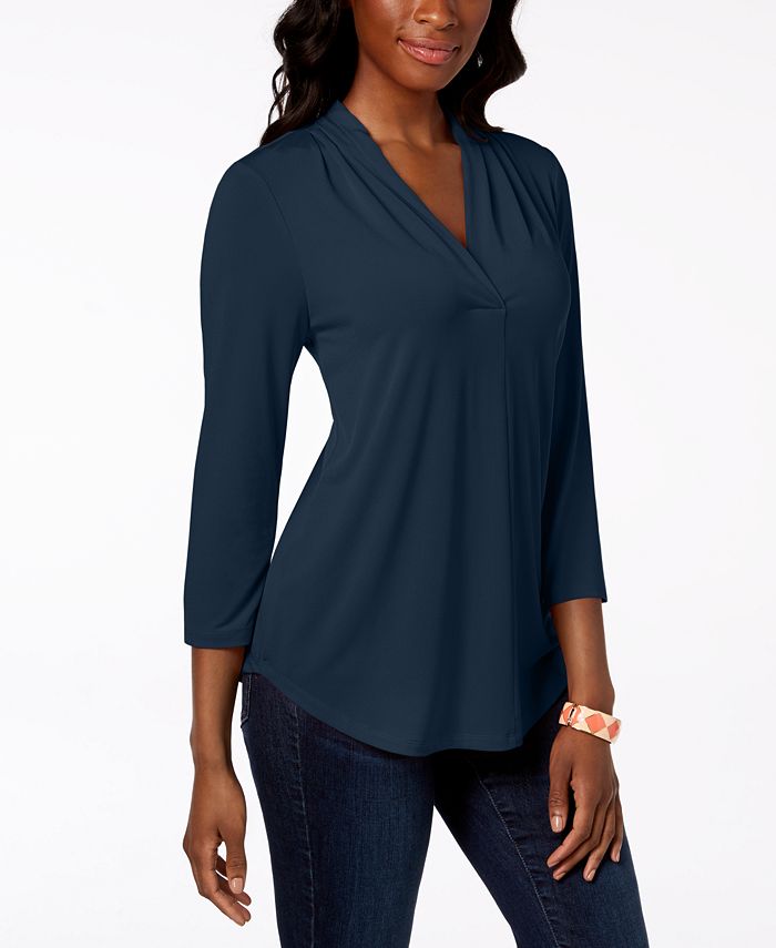 Charter Club Petite Pleat-Neck 3/4-Sleeve Top, Created for Macy's - Macy's