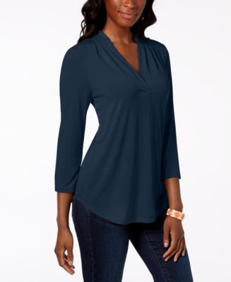 Charter Club Petite Pleat-Neck 3/4-Sleeve Top, Created for Macy's - Macy's