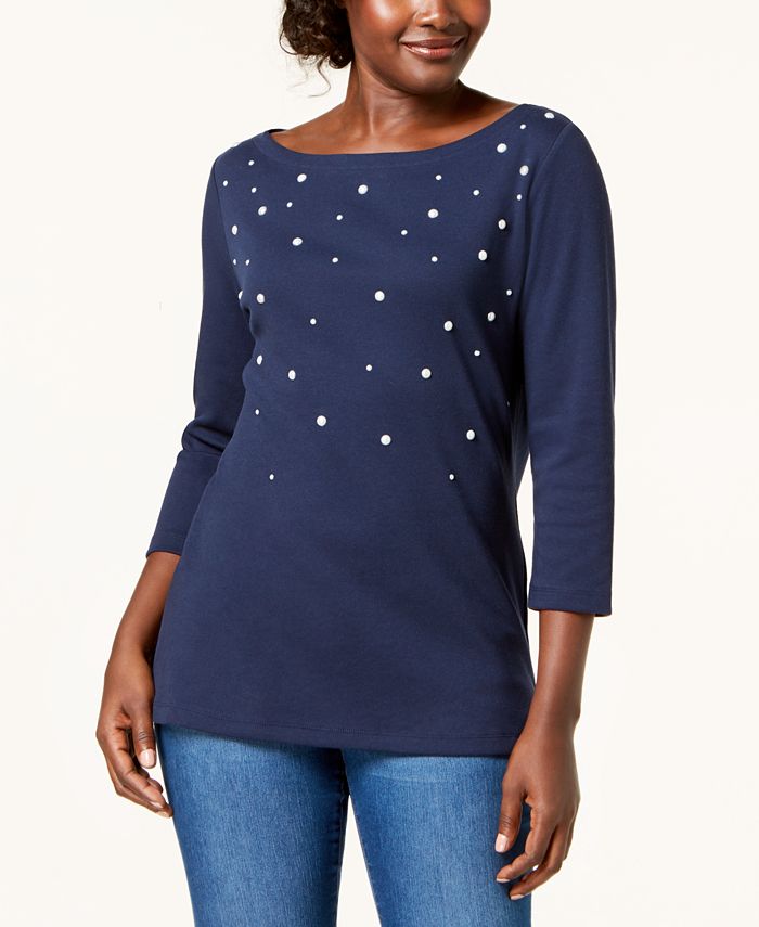 Karen Scott 3/4Sleeve PearlEmbellished Top, Created for Macy's Macy's