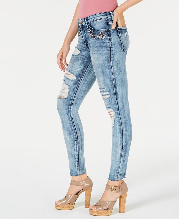 GUESS Crystal Ripped RhinestoneEmbellished Skinny Jeans Macy's