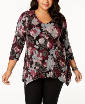 JM Collection Plus Size Printed Handkerchief-Hem Top, Created for Macy ...
