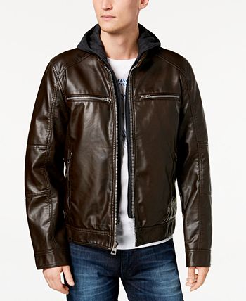 GUESS Men's Faux-Leather Detachable-Hood Motorcycle Jacket & Reviews ...