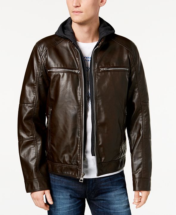 GUESS Men's Faux-Leather Detachable-Hood Motorcycle Jacket ...