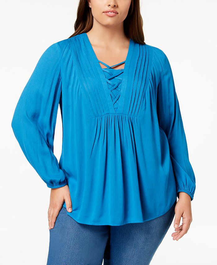 Style & Co Plus Size Lace-Up Pleated Top, Create for Macy's - Macy's