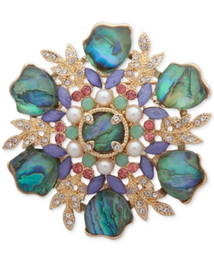 image of Anne Klein Gold-Tone Multi-Stone & Imitation Pearl Cluster Pin, Created for Macy-s