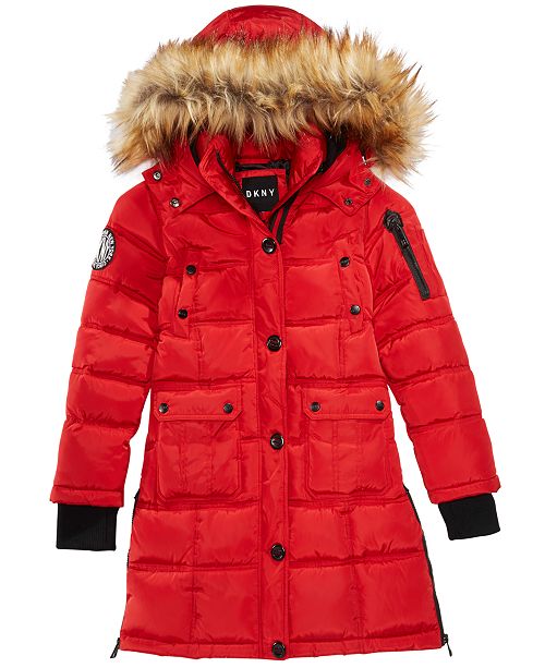 Dkny Big Girls Hooded Bubble Jacket With Faux Fur Trim Reviews