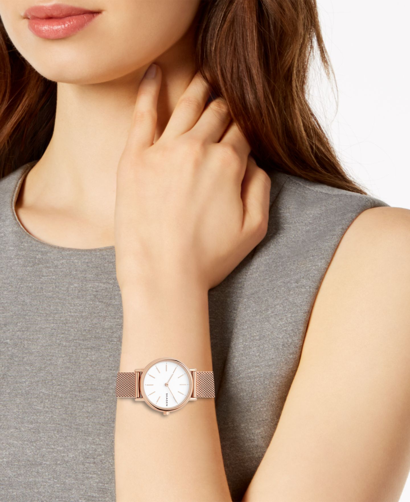 Женские часы Skagen Signatur Slim Rose Gold-Tone Stainless Steel Mesh Bracelet Watch 30mm — фото 3