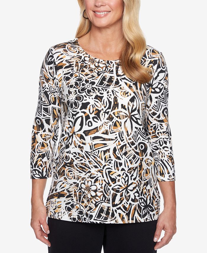 Alfred Dunner Travel Light Printed 3/4-Sleeve Top - Macy's