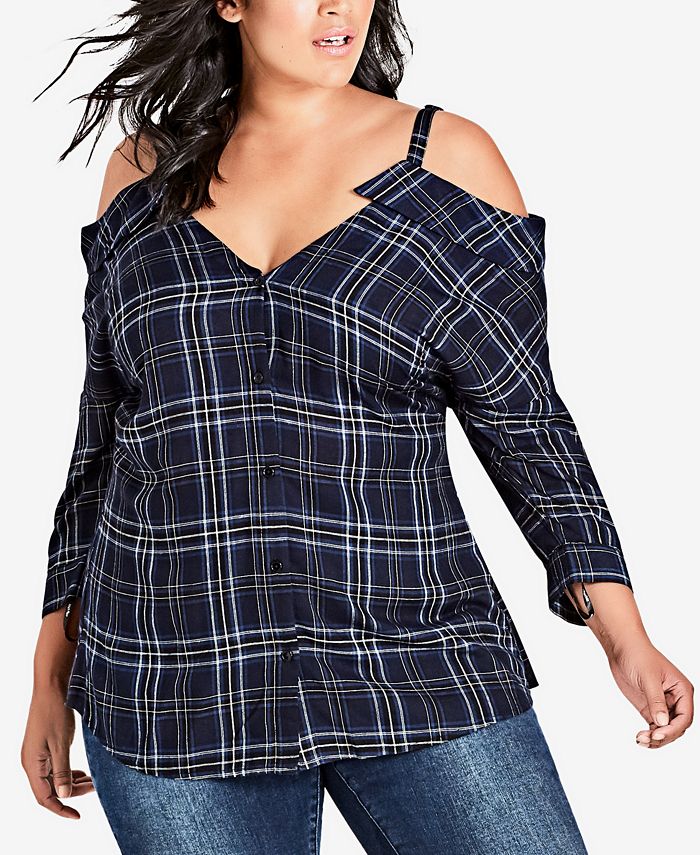 Plaid cold clearance shoulder top