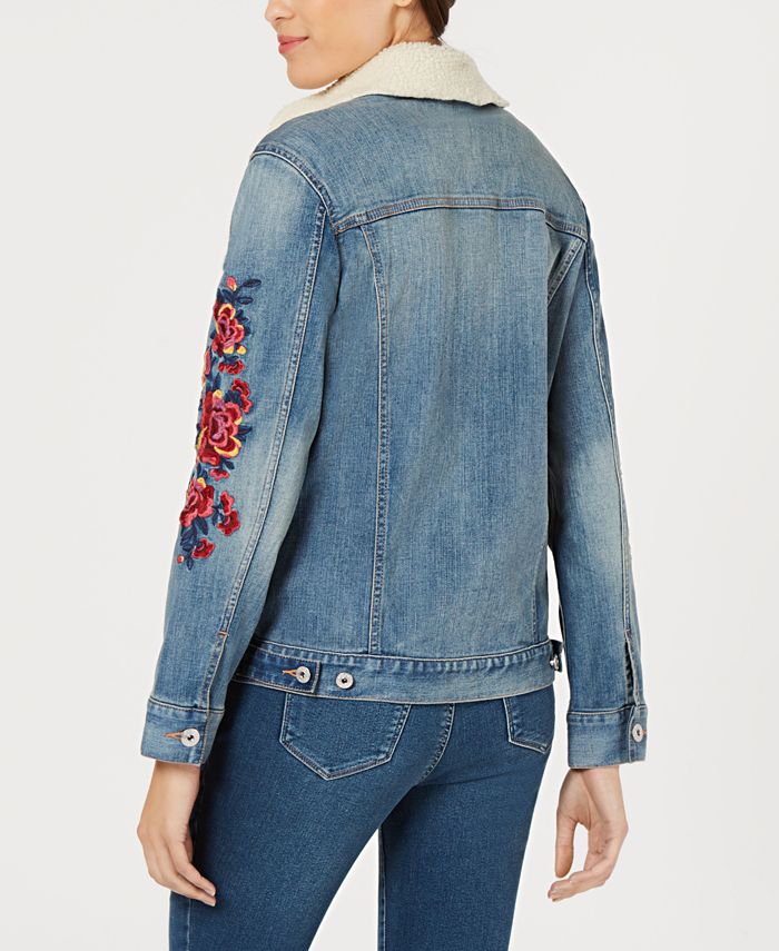 Style & Co Flower-Embroideted Trucker Jacket, Created for Macy's - Macy's