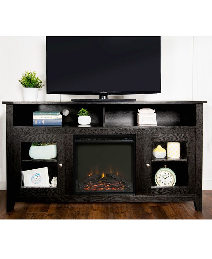 Walker Edison 58" Wood Highboy Fireplace Media TV Stand Console Black