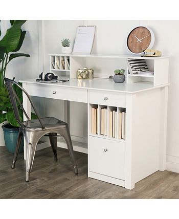 Walker Edison Deluxe White Wood Computer Desk with Hutch