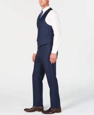 Michael Kors Men's Classic/Regular Fit Natural Stretch Navy Check Vested Wool Suit