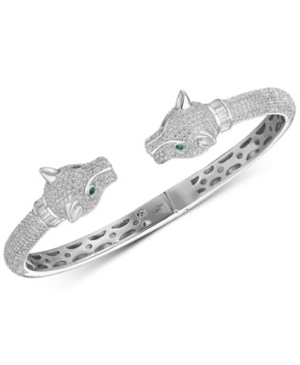 Tiara - Cubic Zirconia Panther Head Cuff Bangle Bracelet in Sterling Silver
