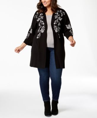 Belldini - Plus Size Floral-Embroidered Duster Cardigan