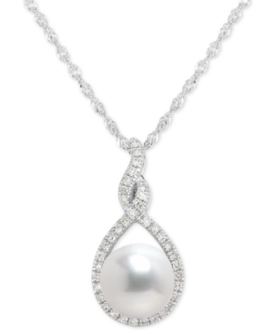image of Cultured Freshwater Pearl (7mm) & Diamond (1/10 ct. t.w.) Pendant Necklace in 14k White Gold, 16