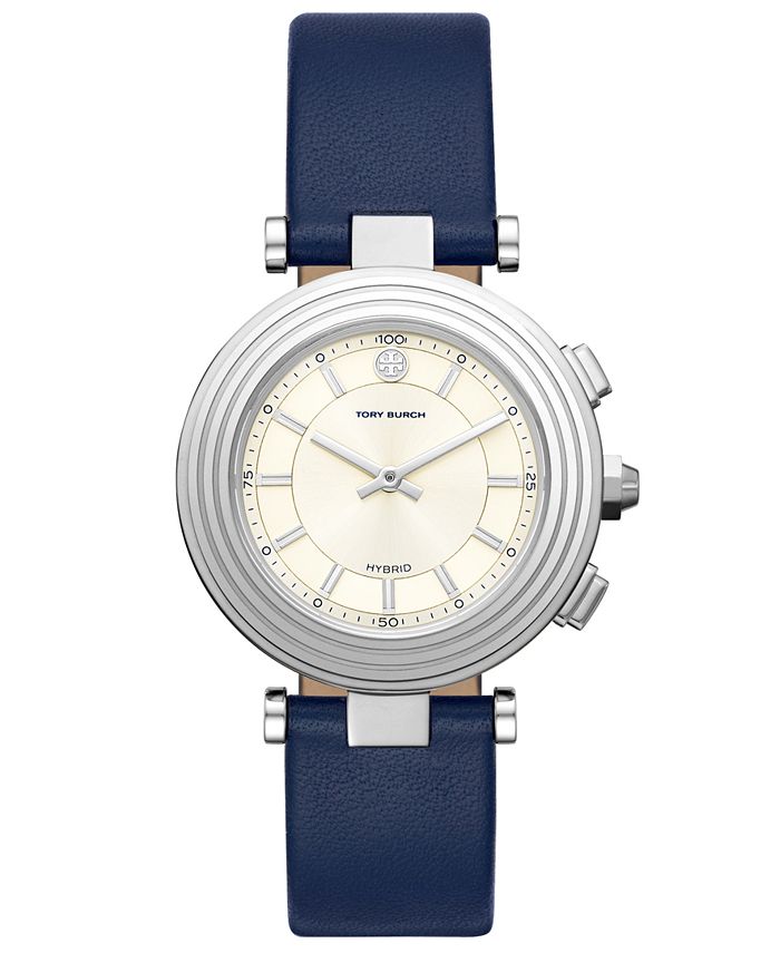 Tory Burch Women s Classic T Navy Leather Strap Hybrid Smart Watch