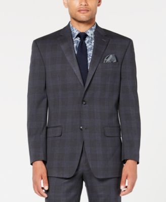 Sean John - Men's Classic-Fit Stretch Gray/Blue Plaid Suit Jacket