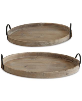 3R Studio - Decorative Wood Trays with Metal Handles, Set of 2