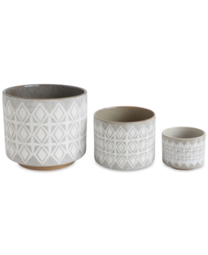 3r Studio Various Round Stoneware Planters With Geometric Patterns, White And Gray, Set Of 3