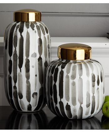 Two's Company - Brush Strokes Set of 2 Black and White Covered Jars with Gold Metallic Lid