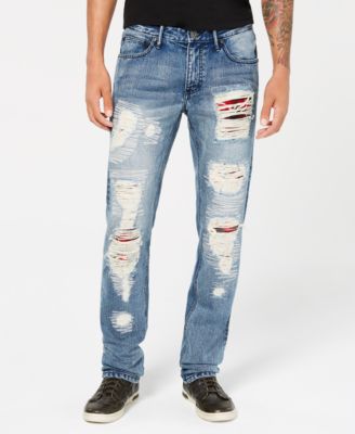 INC International Concepts - Men's Slim-Straight Fit Plaid-Patched Destroyed Jeans