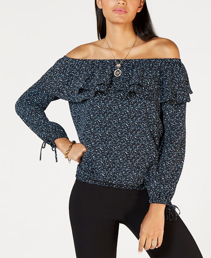 Michael Kors Women's Beaded Off The Shoulder Ruffle Neck Top Black Size 2X