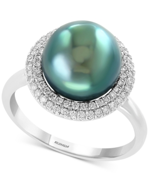 image of Effy Cultured Tahitian Pearl (10mm) & Diamond (1/3 ct. t.w.) Ring in 14k White Gold