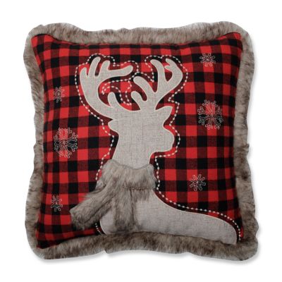 Pillow Perfect - Fur Reindeer Square Red/Black 18-inch Throw Pillow