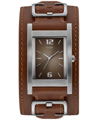 GUESS - Men's Brown Leather Cuff Strap Watch 31x39mm