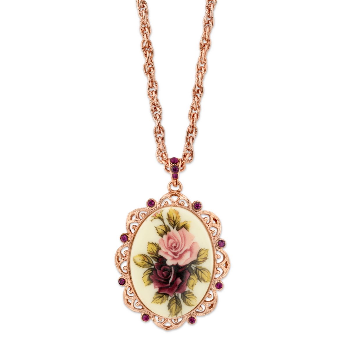 2028 Rose Gold-tone Purple Crystal Flower Oval Pendant Necklace 28" In Multi