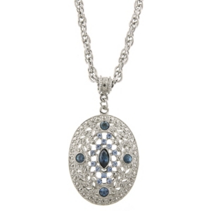 image of 2028 Silver-Tone Dark and Light Blue Crystal Filigree Oval Pendant Necklace 16