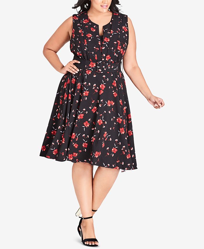 City Chic Trendy Plus Size Floral-Print Belted Fit & Flare Dress - Macy's