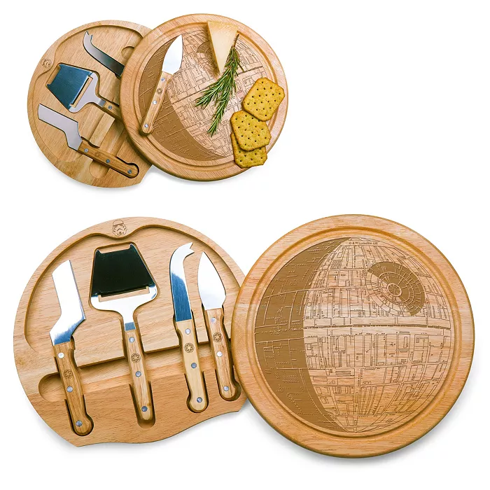 Two views of a cutting board shaped like the Death Star