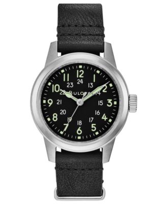 Bulova - Men's Hack Black Leather Strap Watch 38mm