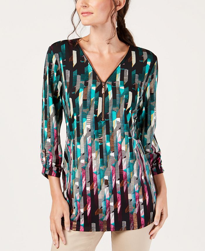 JM Collection Zip Neck Ruched Sleeve Top Size S