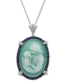 Green Agate, Sapphire (1/2 ct. t.w.) & Diamond (1/10 ct. t.w.) Mother & Child Cameo 18" Pendant Necklace in Sterling Silver