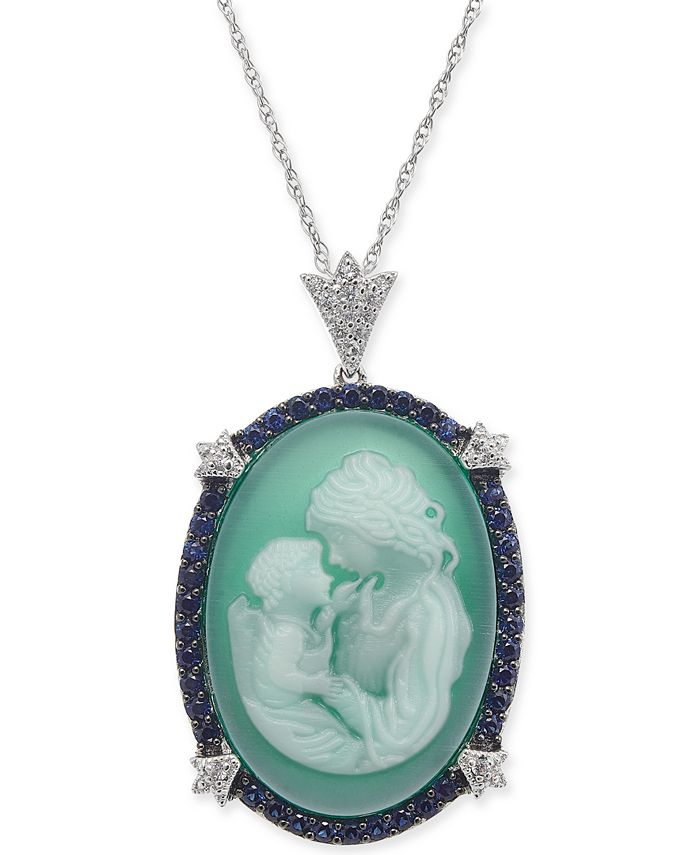 Macy's - Green Agate, Sapphire (1/2 ct. t.w.) & Diamond (1/10 ct. t.w.) Mother & Child Cameo 18" Pendant Necklace in Sterling Silver