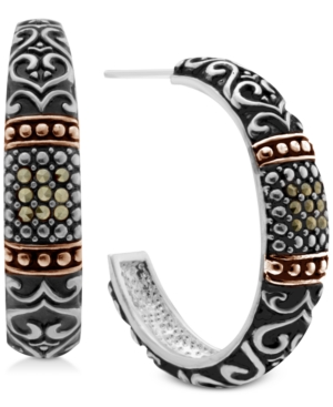 image of Marcasite Two-Tone Scroll Design Medium Hoop Earrings