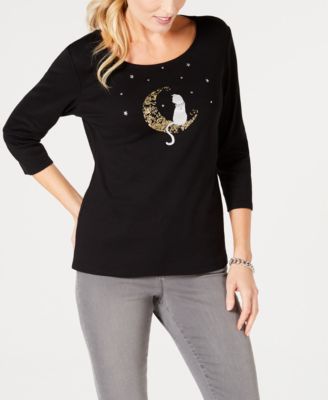 Karen Scott Cotton Halloween Moon Cat 