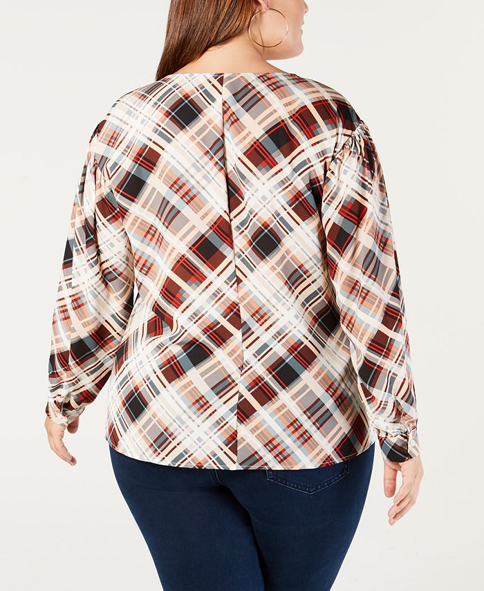 NY Collection Plus Size Ruched Plaid Top - Macy's